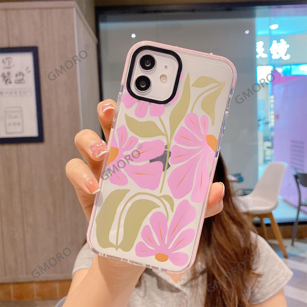 Spring Doodle Pink Flower Phone Case Suitable for iPhone 17 Full-Coverage Transparent Apple 16pm Women's Protective Case