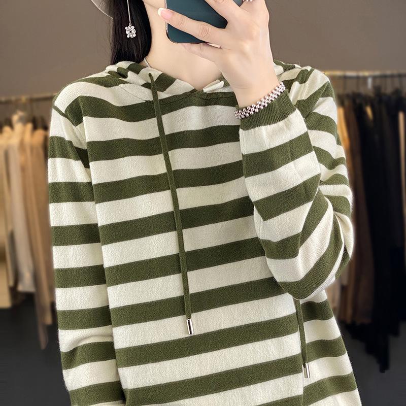 Women S Striped Hooded Sweater Loose Casual Fit Pullover