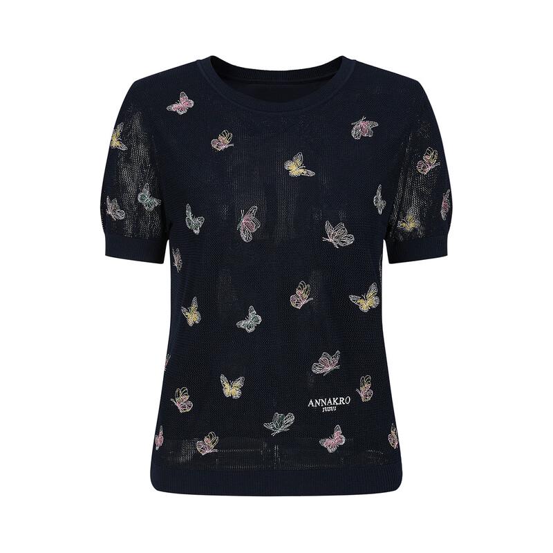 Jiu Zi Anna Kou Women's Elegant Floral Embroidered Short Sleeve Knit Blouse