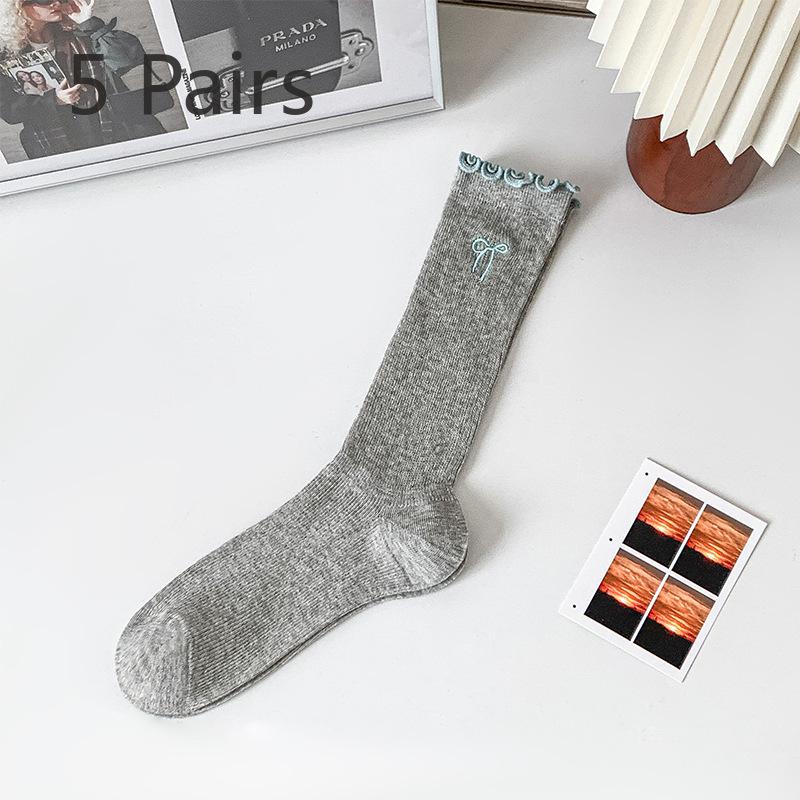 5 Pairs of Female Spring and Summer Bow Embroidery Lace Everything Breathable Tube Pile Socks