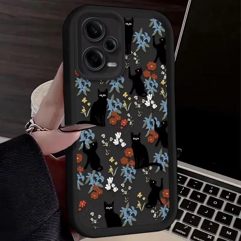 Black Cat Flower Artistic Phone Case For Redmi Note 13 12 Pro Plus 5G 13 12 Pro 4G 5G 11 10 Pro 12S 5G 11S 10S Redmi 13C 12 5G