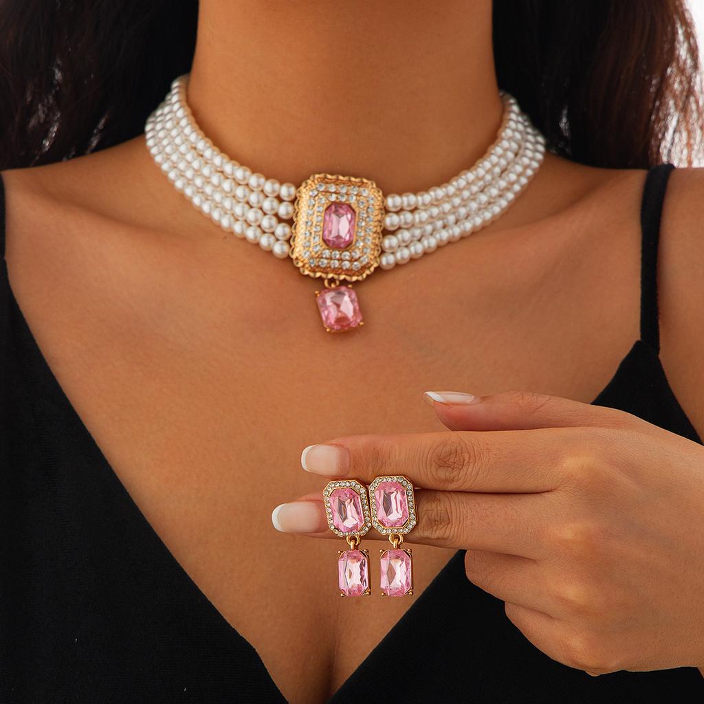 Retro Square Full of Diamonds, Imitation Pearl Choker Necklace, Temperament French Multi-layer Jewelry