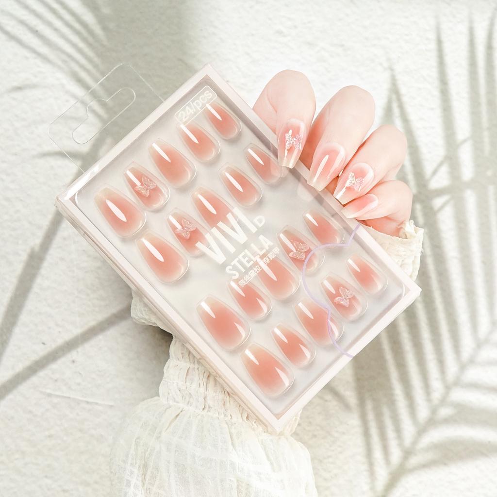 24 Finished Nail Pieces Wear Nail Pieces High-end Summer Fake Nails French Smudge Short Ladder Short Square