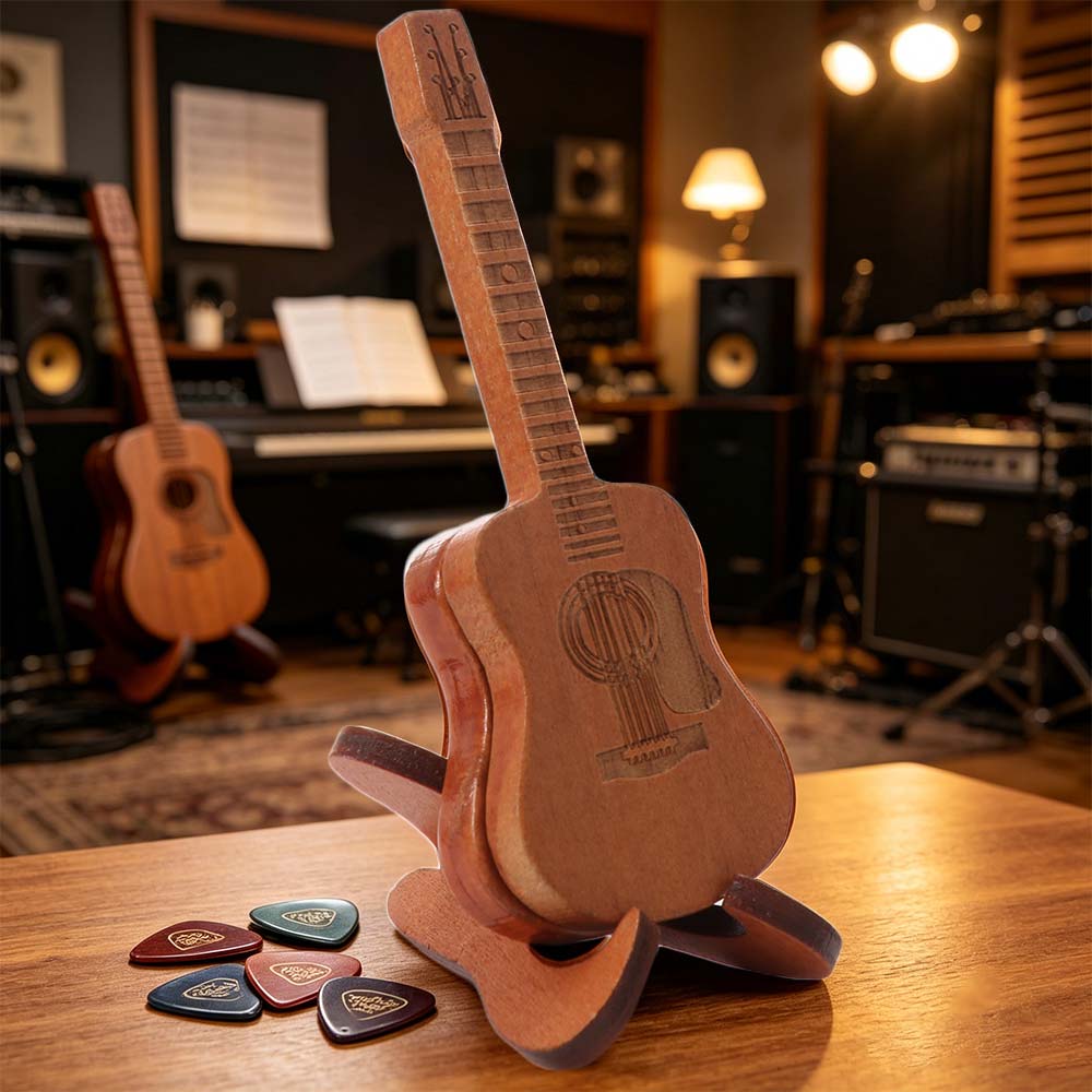 Wooden Material Guitar Pick Box Guitar Shape Guitar Pick Case Musician Storage
