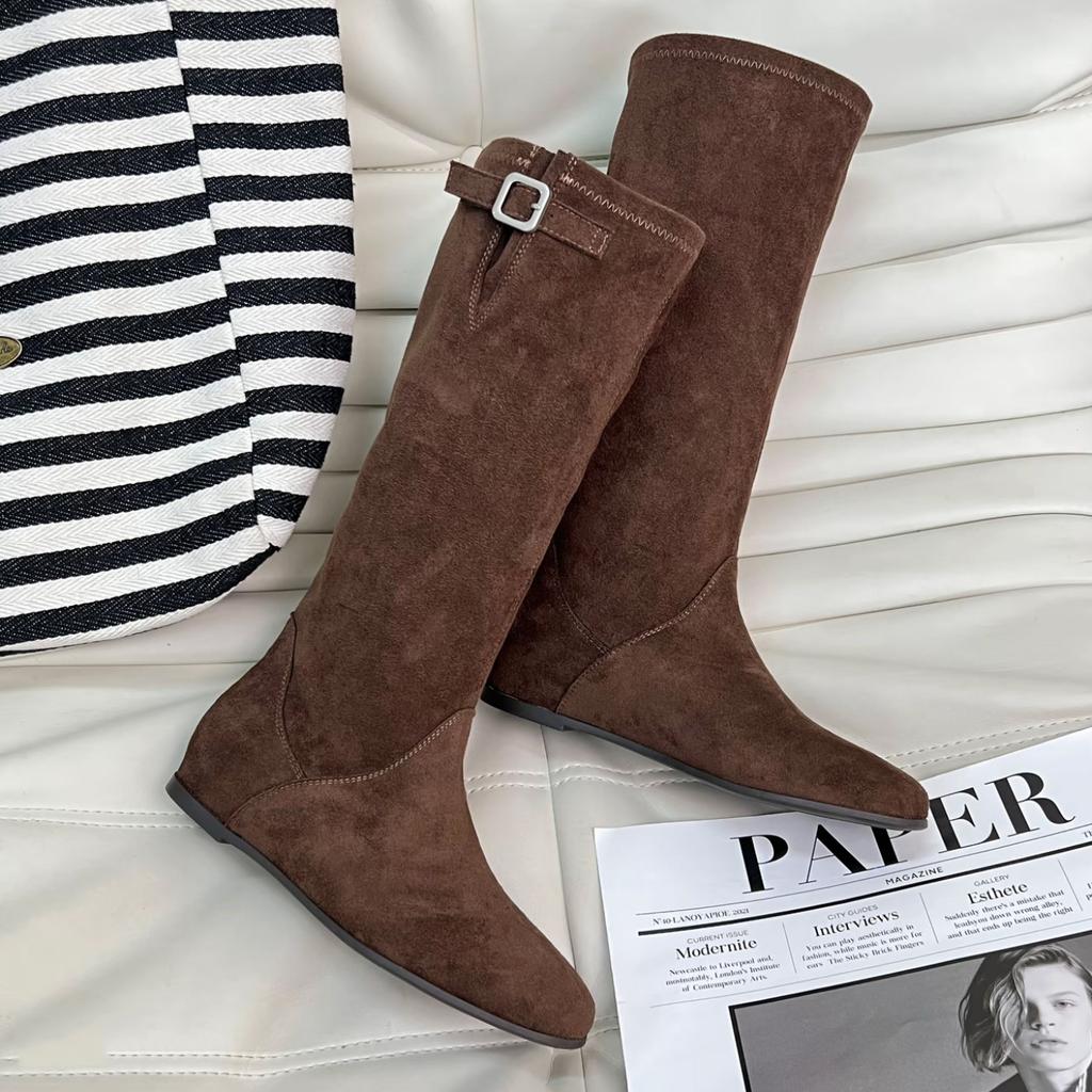 New Early Autumn Pleated Pile Fashion Boots Women's Versatile French Retro Belt Buckle Skinny Boots Western Boots Women's