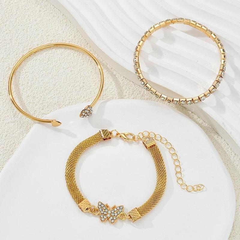 3pcs/Set Luxury Fashion Minimalist Charm Rhinestone Butterfly  Heart Layered Bangle Bracelet High-End Accessory Set for Women