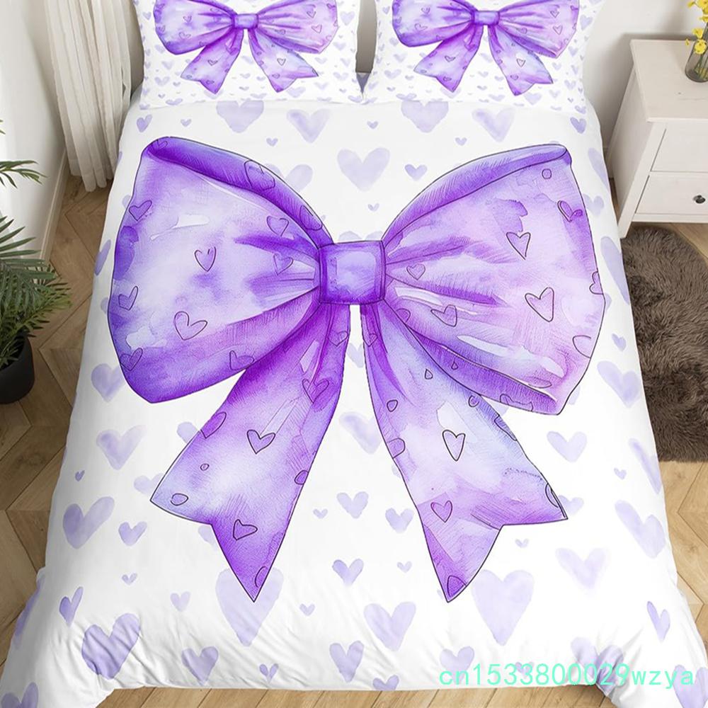 Bowknot Girlish Duvet Cover Cherry Cake Cartoon Bedding Set Cute Dots Love Heart Bow-tie Comforter Cover,Pink Kawaii Quilt Cover