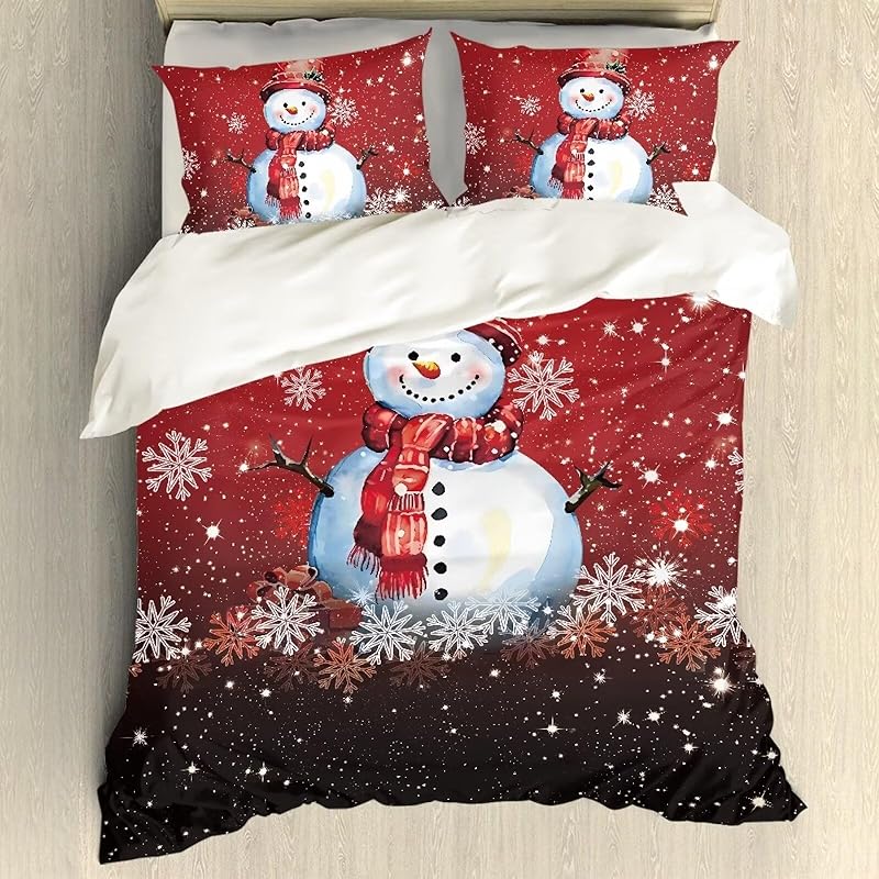 Christmas snowman down comforter bedding set, 3-piece ultra soft modern comfort with zipper closure