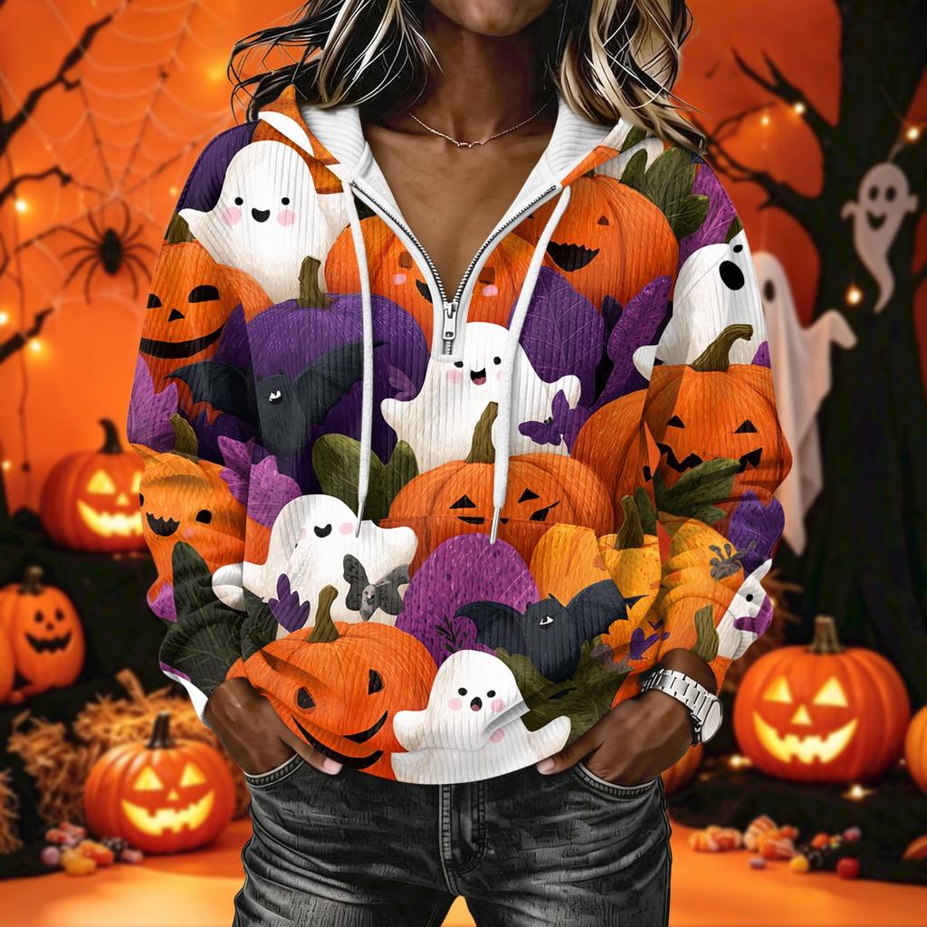 Women's Casual Long Sleeve Halloween Printed Hoodie Pullover with Top
