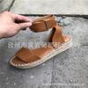 Summer new one-word wedge heel sandals women's flat-soled belt buckle hollow sandals large-size hemp rope-soled women's shoes