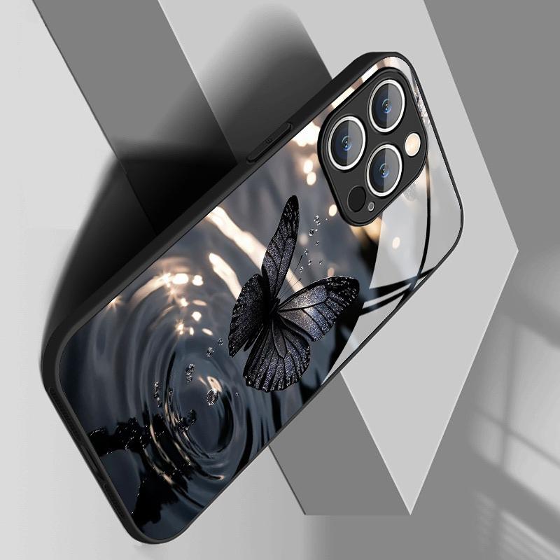 Premium Schwarzes Schmetterlingsmuster Gehärtetes Glas Handyhülle Für iPhone 17 16 15 14 13 12 11 Pro Max 17Air 16E 7 Plus XR XS X Hülle