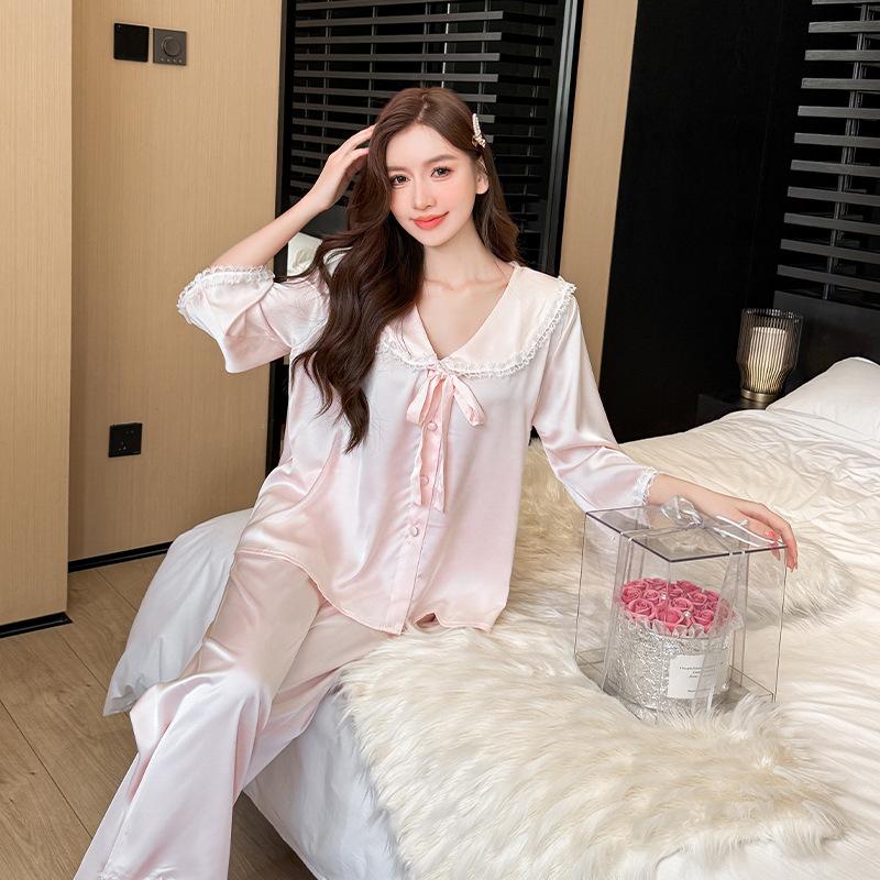 French lace lace cool ice and snow silk loose pajamas women, spring and autumn princess style bow skin-friendly loungewear
