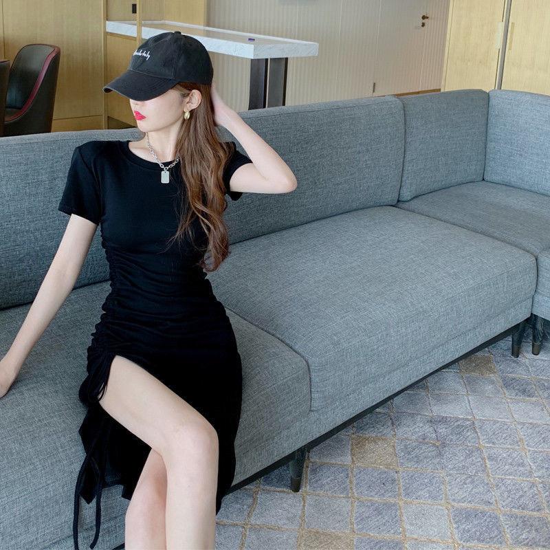 New Summer Temperament Drawstring Slit Dress for Women's Waist-length Mid-length Slim Hip-packing Skirt