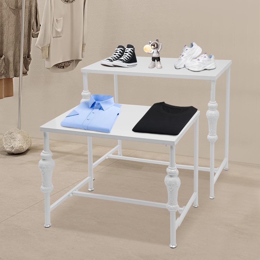 2-Pack White Display Racks - Industrial Retail Shelving Units, Modern Clothing Shoe Display Stands, Carbon Steel Storage Tables