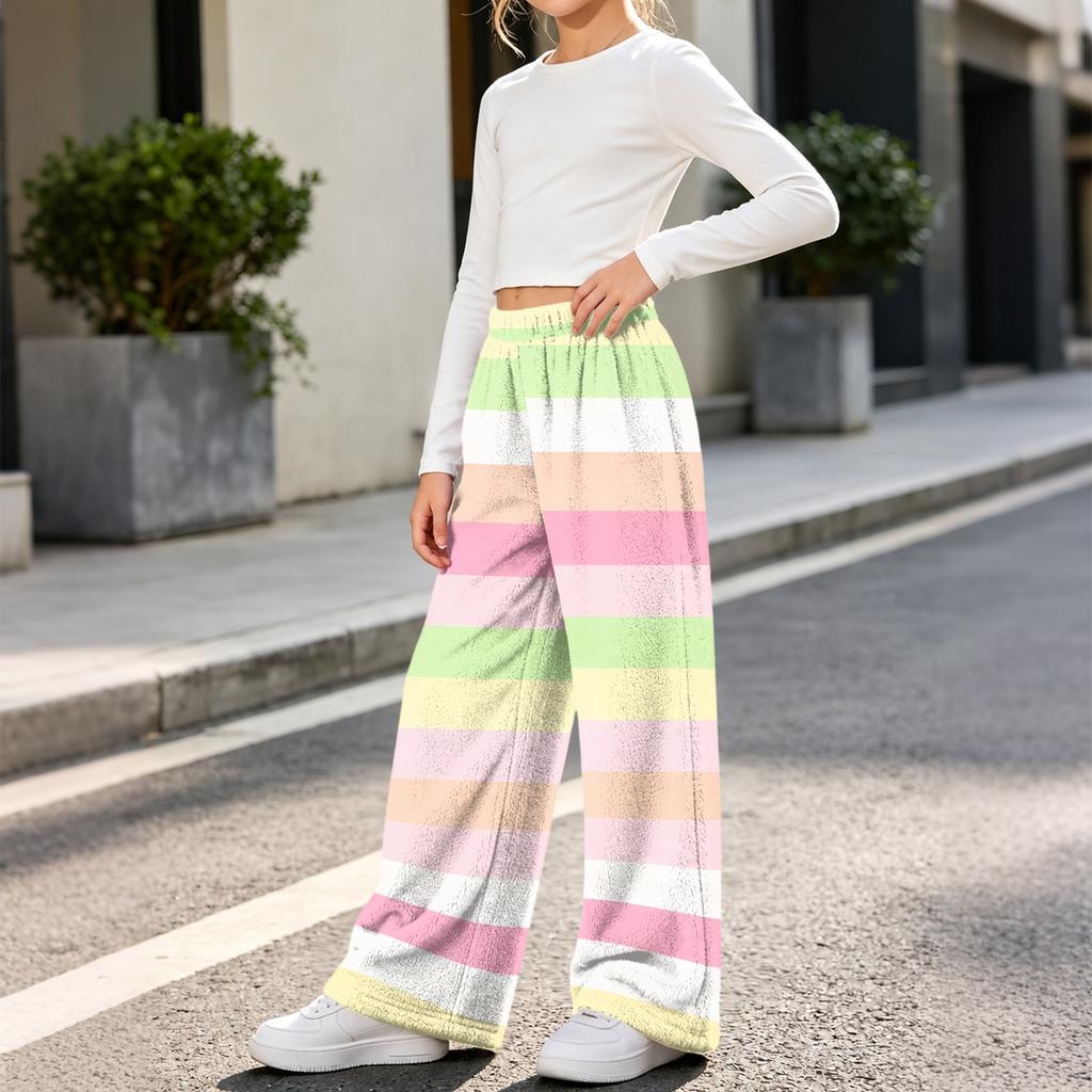 Girls' Warm Flannel Pants with Print, Loose Fit Casual Long Pants for Fall and Winter
