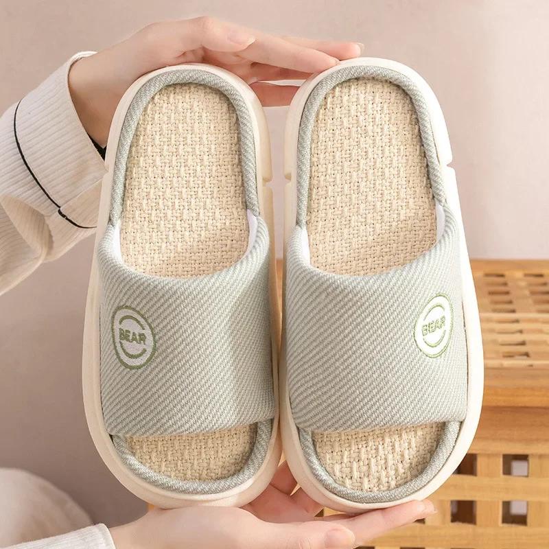 Fashion Couples Home Linen Slippers Women Men Indoor Bedroom Soft Slides Comfortable House Thick Sole Shoes Non-slip Breathable Flats