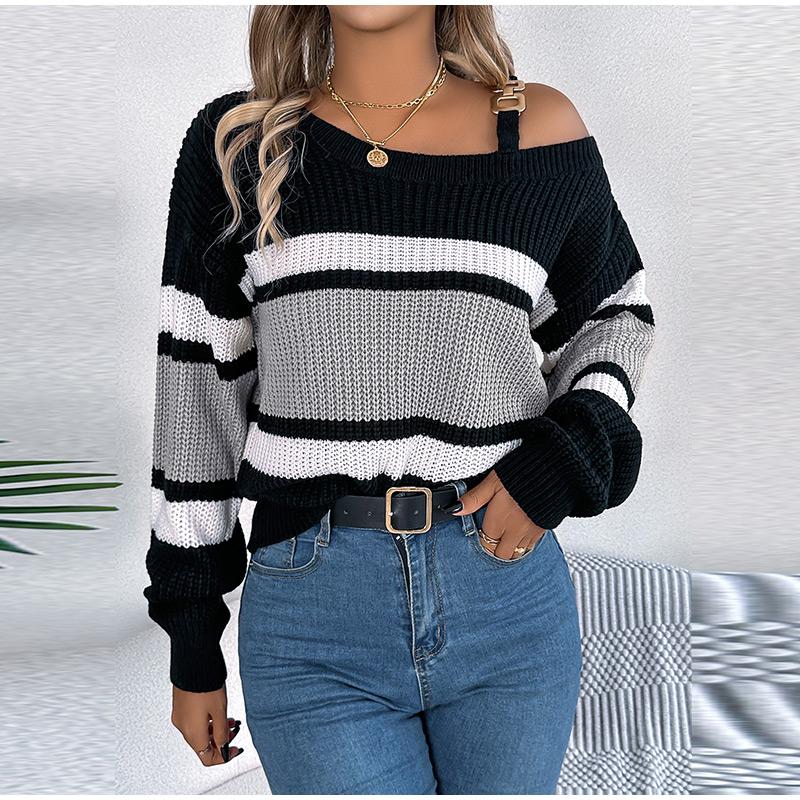 Сексуальный полосатый трикотажный пуловер с вырезом-лодочкой — фото 13