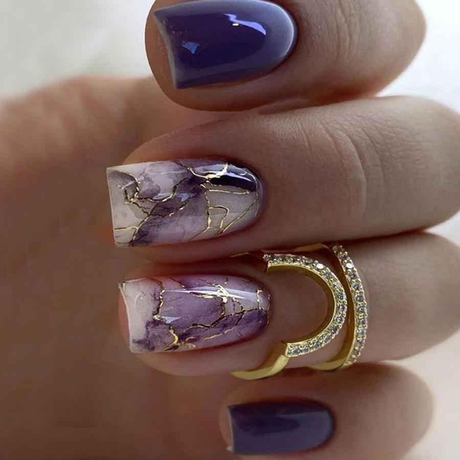 

Wearing Nail Patches, Purple Flowing Gold, Marble Pattern, Fake Nails, European Shaped Nail Patches, Finished Nail Patches