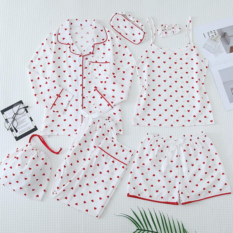 Parent-Child Matching Cotton Pajamas Set - Women's Tank Top & Shorts with Children's 7-Piece Homewear.