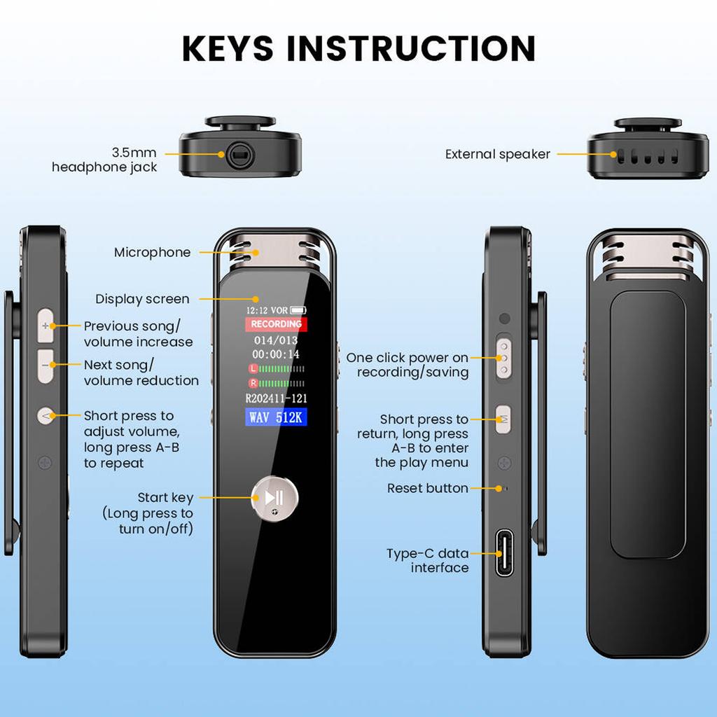 Voice Activated Recorder Type-C Rechargeable Audio Recorder with 7-Level Adjustable Voices Control for Lectures Meetings