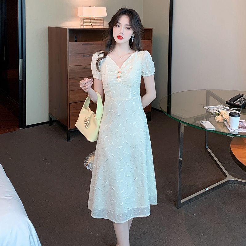 Summer Sweet Slimming Knee-Length Chiffon Long Dress Temperament Waist-Cinching V-Neck Fairy-like Flowy Dress