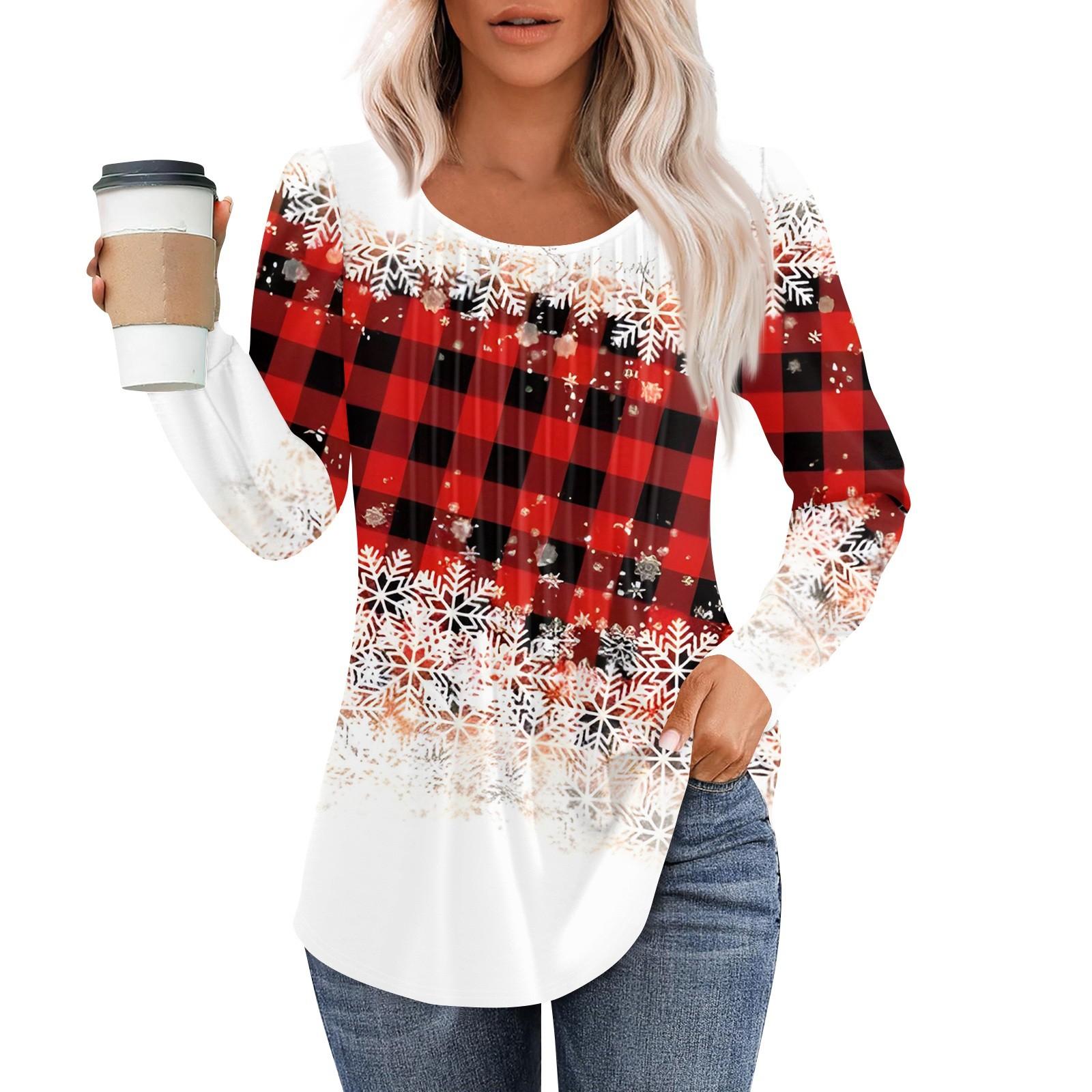 

Жіночі сорочки з довгим рукавом Ошатні повсякденні блузки з різдвяним принтом Плісе Топи-туніки з вигнутою горловиною L