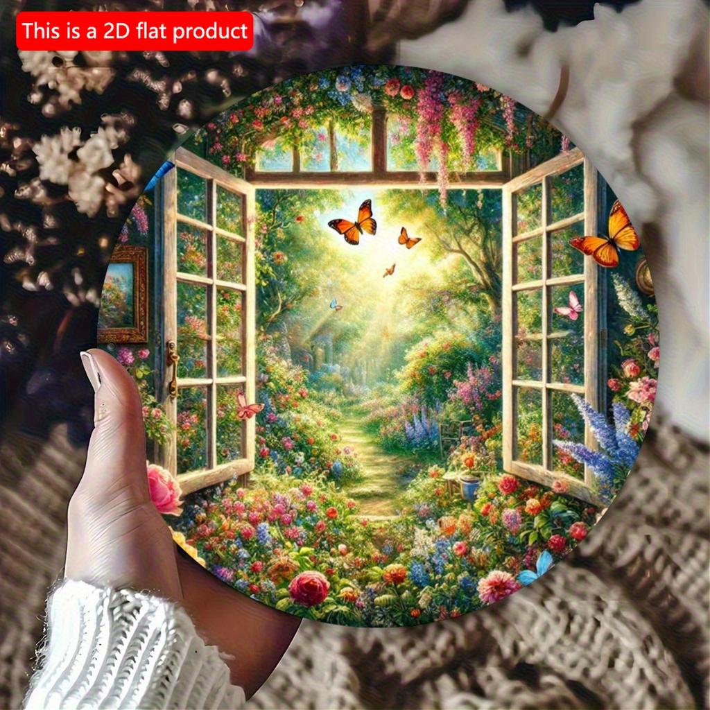2d Flat 20*20cm Circular Wooden Sign, Retro Windowsill Garden Flower Design, Novel Hippie Decoration Sign, Suitable for Courtyards, Gardening, Offices