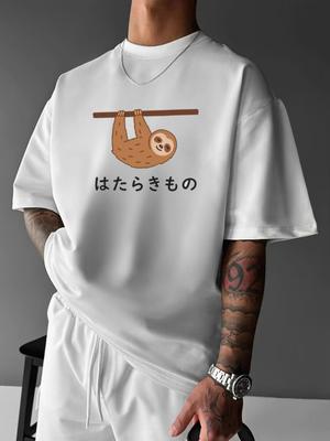 Czarny T-shirt damski z wzorem leniwca i wzorem japońskim, nowy letni, casualowy, z okrągłym dekoltem, krótkim rękawem, casualowy top z kreskówką, Y2K