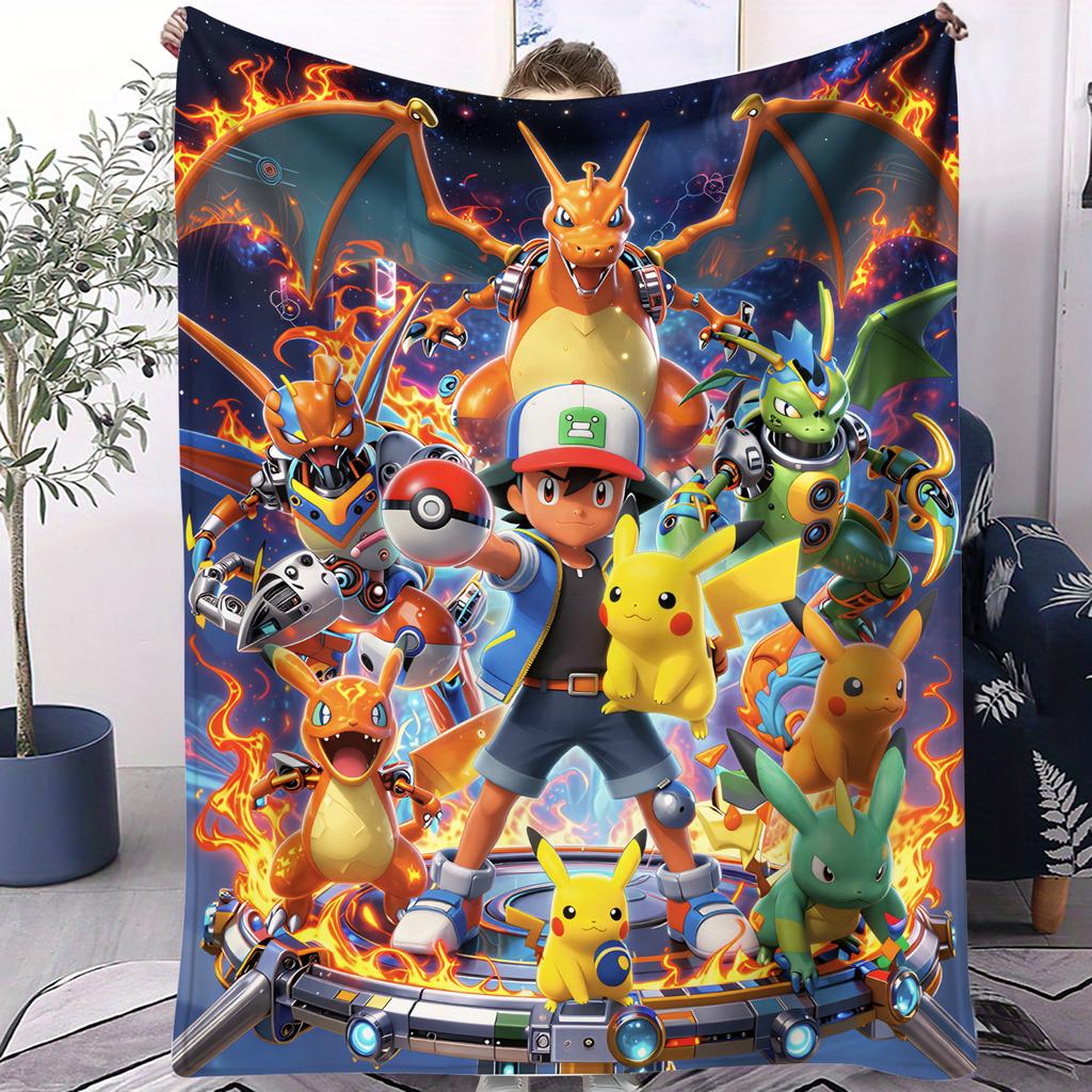 Pokemon Rainbow Holographic Pikachu Print Fleece Throw Blanket for Adult Quality Super Soft Warm Blanket for Travel Office Home