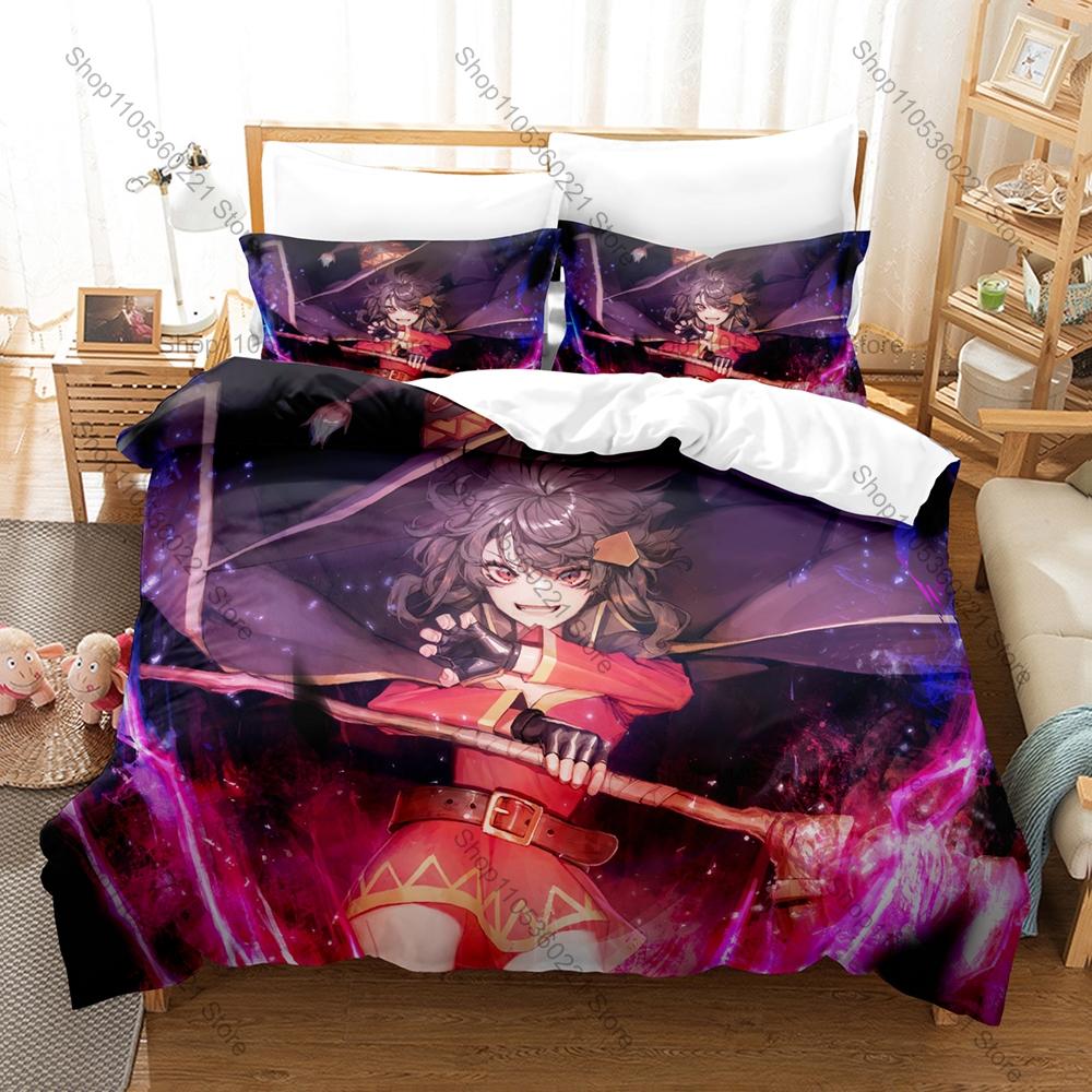 Cool Megumin Konosuba Duvet Cover + 2 Pillowcases Kazuma Aqua Darkness Collage Print Soft Quilt Cover Set New Anime Bedroom Deco