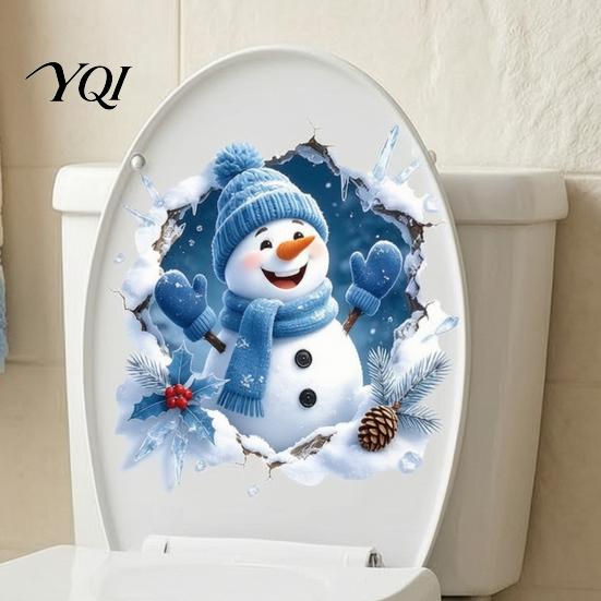 Durable PVC Window Clings Christmas Snowman Toilet Stickers, 3D Bathroom Wall Decals, Festive Home Art Waterproof Seat Creative Holiday Decor Decals