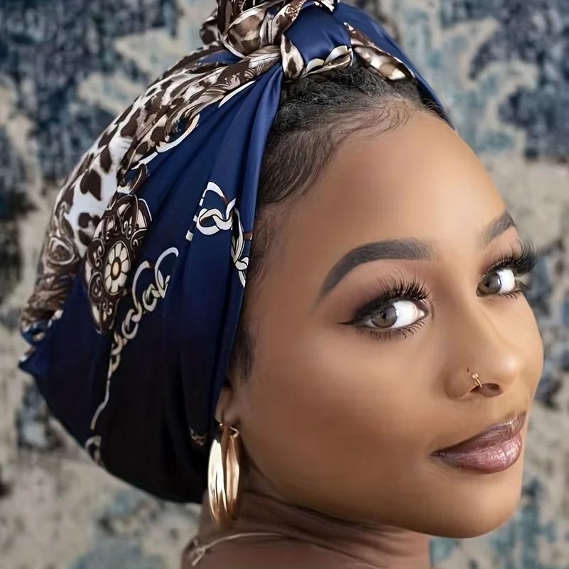 New Leopard Chain Print Square Turban Scarf Classic Satin Bandana Vintage Hijab Women Head Wraps Windproof Shawl