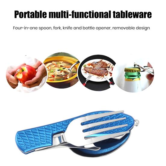 4-In-1 Folding Camping Utensils Stainless Steel Spoon Fork Knife Opener Combo Set Portable Multifunctional Lightweight Outdoor Tableware for Travel