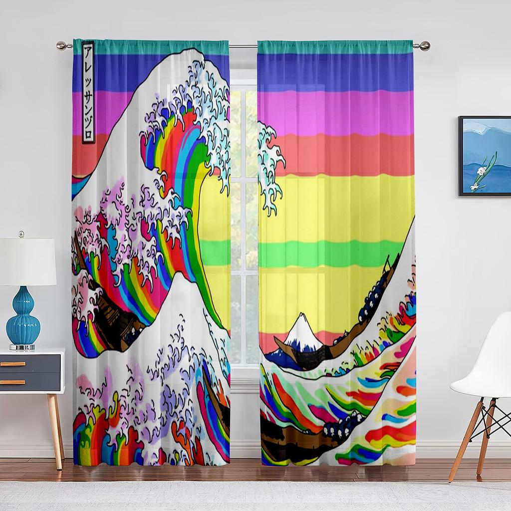 Oriental Culture Hand Drawn Style Japanese Motifs Illustration Wave Tulle Curtains for Living Room Bedroom Sheer Curtain Kitchen