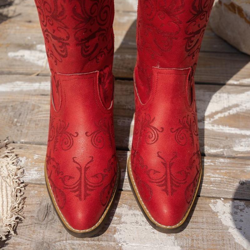 Damen Europäische Größe Holzabsatz Bestseller Western Cowboy Stiefel Kniehoch Neu Bedruckt Slipper High Heel Lederstiefel