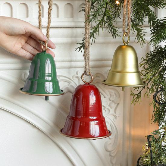 Rustic Metal Christmas Bell Large Red Green Golden Jingle Bell Christmas Tree Hanging Decor Vintage Handmade Wind Chime for Tree Wreath Door Decor