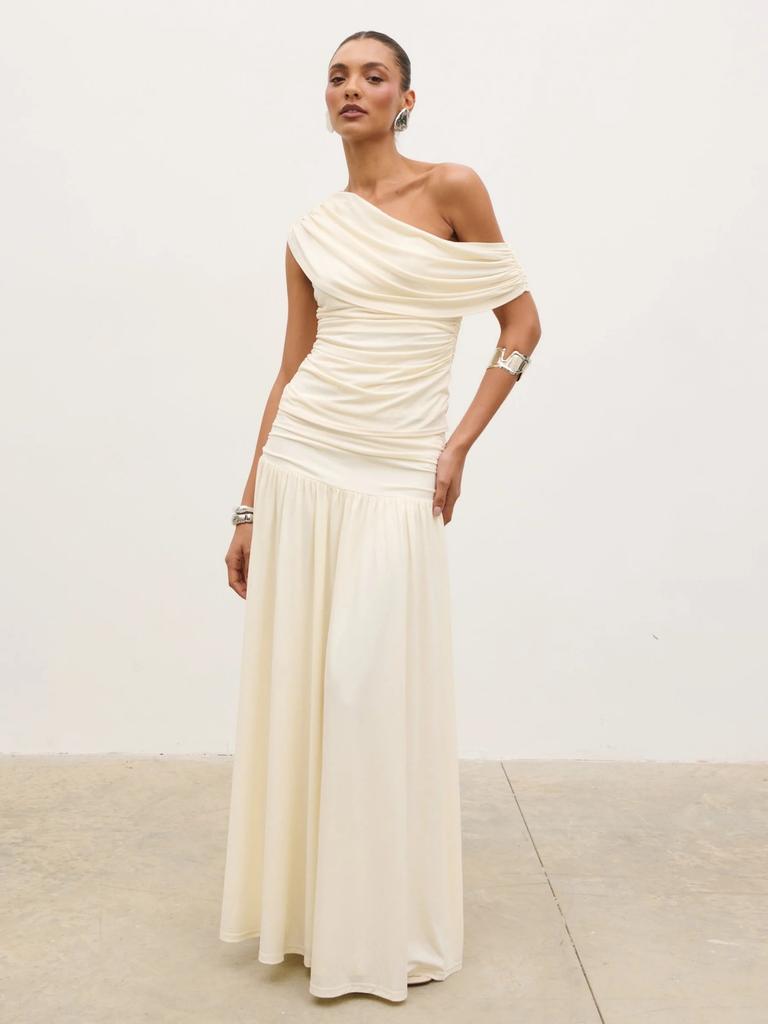 European and American Style Dress Summer New Sexy Slanted Shoulder Pleated Splicing Fashion High-end Long Dress Dress Skirt Texture