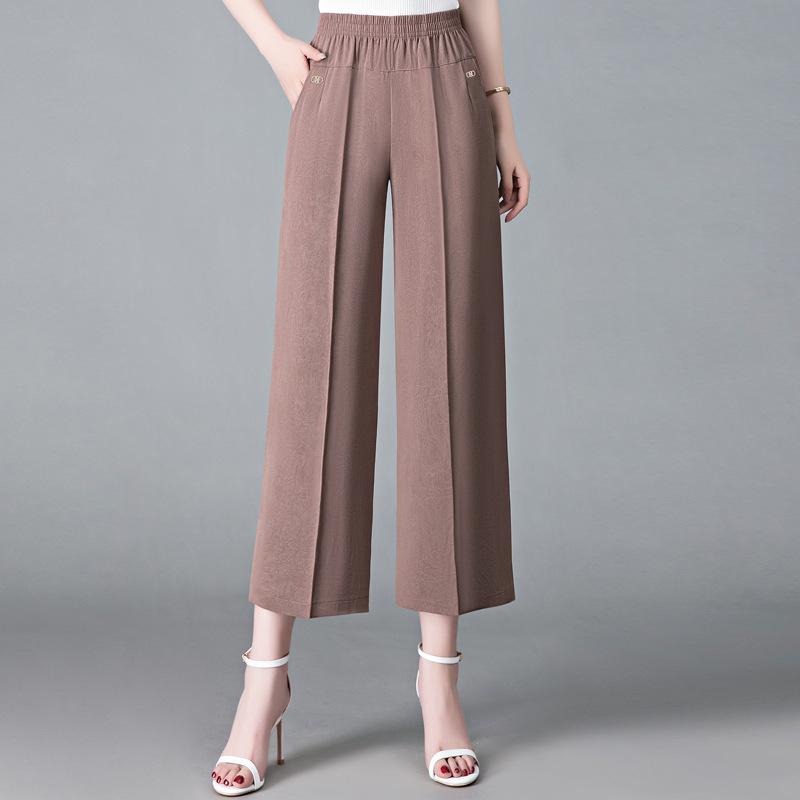 Mom's Casual Cropped Pants Straight Leg High Waist Summer Ice Silk Women's Wide Leg Pants for Middle-aged and Elderly People