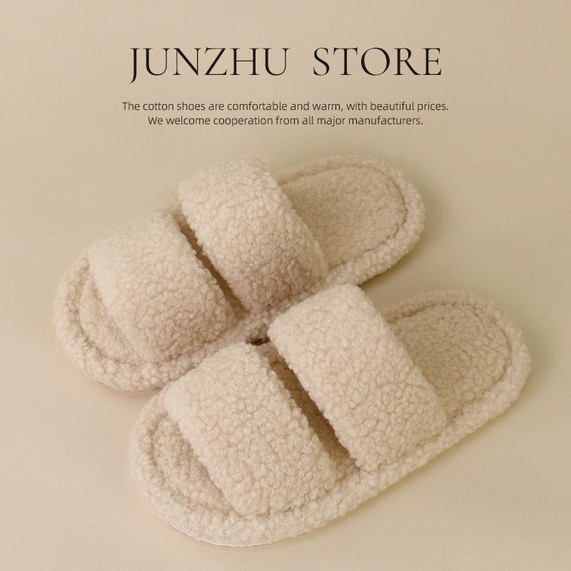 Autumn new slippers fluffy shoes flat bottom home plush soft sole one-word cotton slippers home warm slippers
