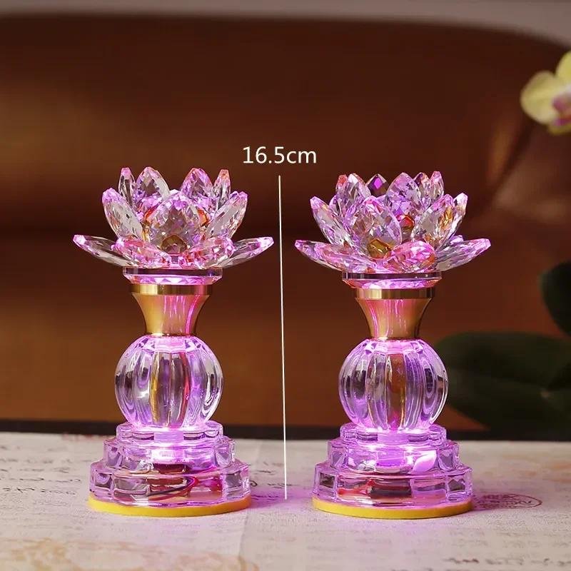 Household LED Crystal Lotus Lamp, Buddhist Decorative Accessories, Seven Color Buddha Supply Lamps, Prayer, Feng Shui, Plug-in