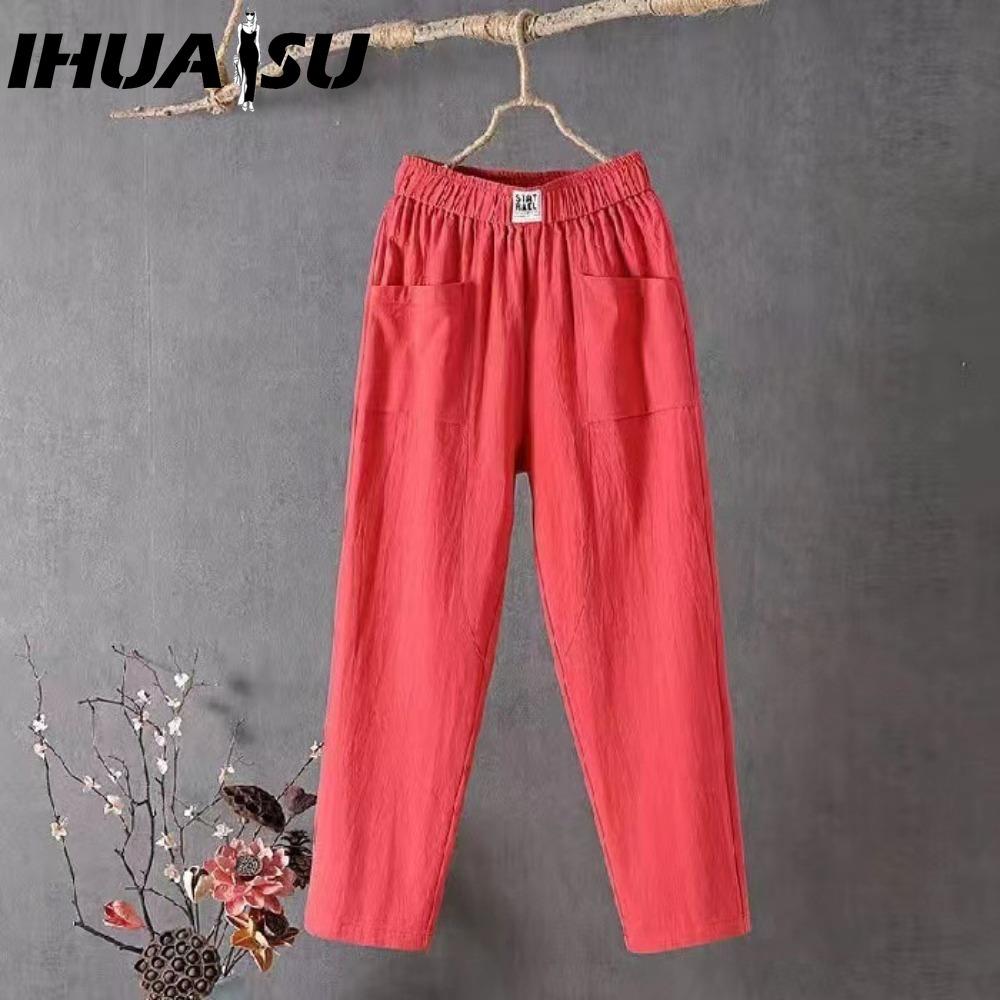 

Летние женские брюки IHUASU, повседневные хлопково-льняные брюки, свободные прямые брюки, укороченные брюки-шаровары XXXL красный