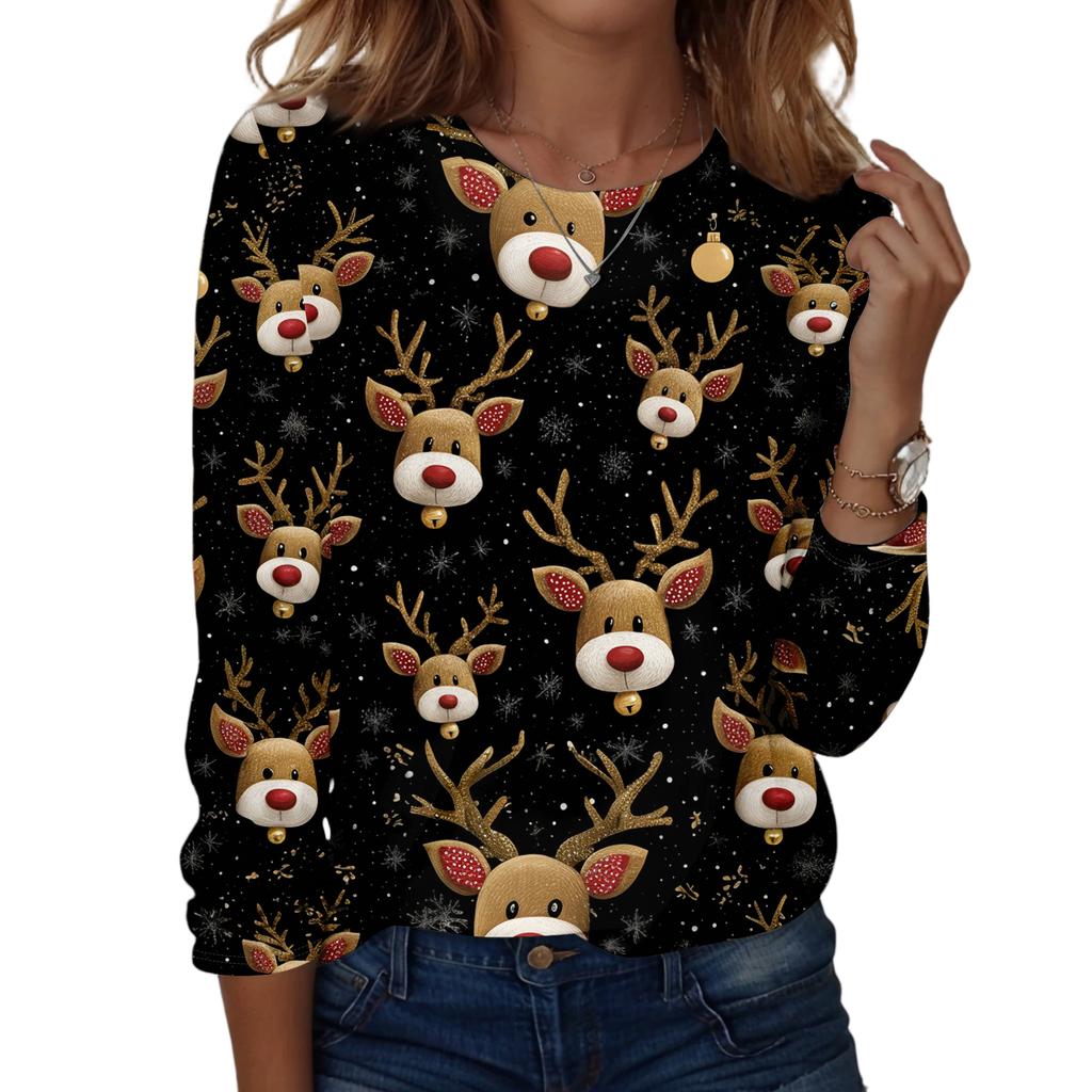 Women's Fashion Casual Long Sleeve Christmas Printed Round Neck Top