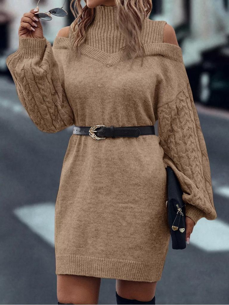 Open-shoulder Loose Semi-turtleneck Sweater with Lantern Sleeves