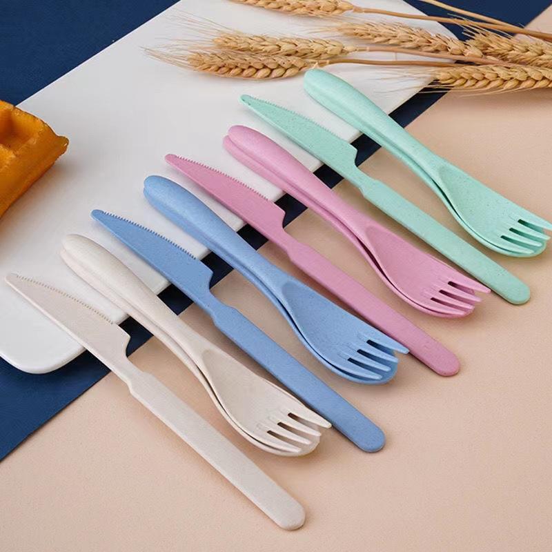 Wheat Straw Student Portable Knife, Fork and Spoon Set, Children's Three-piece Set for Western Cuisine, Dinner Spoon and Fork