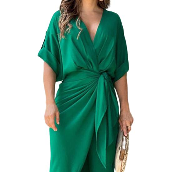 Women Party Jumpsuit Deep V Neck Solid Color Pleated Knot Irregular Hem Dress-up Ankle Length OL Style Commute Women Jumpsuit Lady Garment