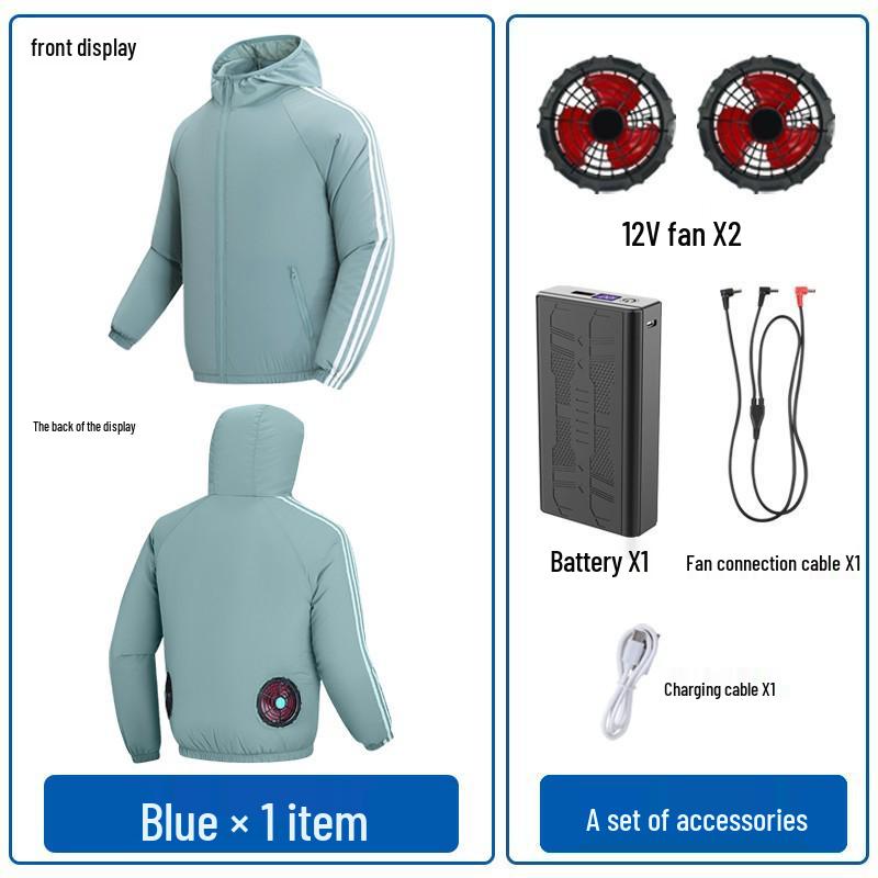 Paar Kapuzen-Sonnenschutz-Kühljacke mit Ventilator zur Vorbeugung von Hitzschlag im Freien