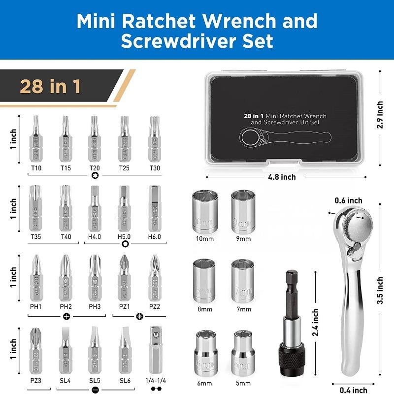 Multifunctional Reversible Mini Socket Set Allen 28-in-1 72-Tooth Ratchet Wrench and Screwdriver Set for Tight Spaces, Machinery, and Home Repairs
