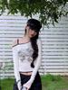 American Style Off-the-Shoulder Velvet Top: Slanted Collar, Slim Fit, Butterfly Print, Color Block, Long Sleeve, Women's Spring/Autumn