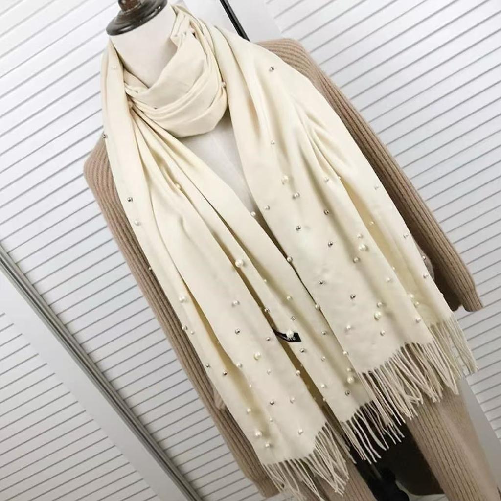 Luxury Pearls Solid Color Cashmere Scarf Women Winter Warm Pashmina Scarves Tassel Casual Bufanda Poncho Lady Wraps Shawls
