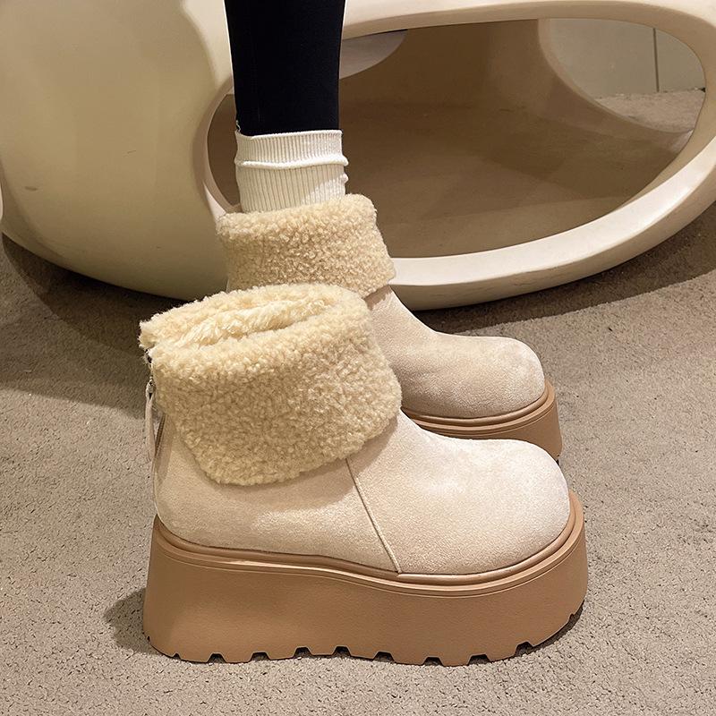 2025 New Winter Cotton Shoes Heightened Ugly Snow Boots Women's Fashion Warm and Velvet Thick-soled Big-headed Fluffy Short Boots